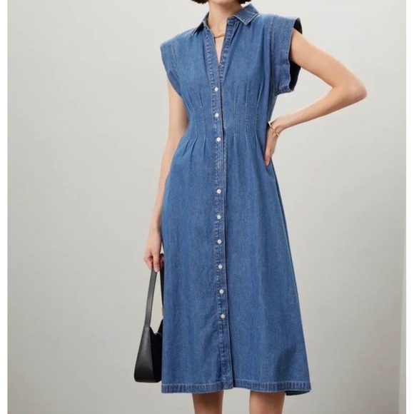 Veronica Beard Dresses & Skirts - Veronica Beard Ruben Blue Denim Midi Shirtdress Sleeveless Pintuck Waist Size 16